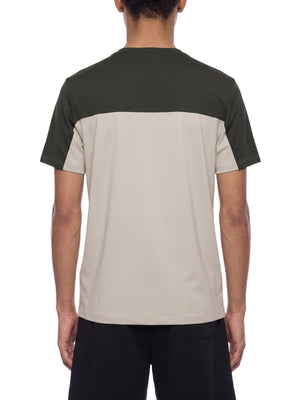 Back view of the Light Gray with Dark Gray athletic t-shirt on a model, wide dark yoke and sleeves