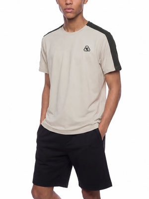 Light Gray with Dark Gray color block t-shirt worn in a three-quarter front view with black shorts