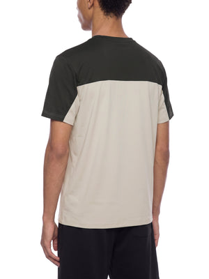 Light Gray with Dark Gray t-shirt in a back three-quarter view on a model, two-tone back panel