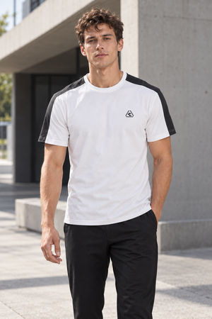White with Dark Gray color block athletic t-shirt worn front view, dark shoulders and sleeves