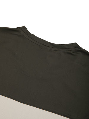 Close-up of the dark gray crew neck and shoulder panel of the color block athletic t-shirt