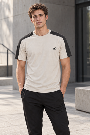 Light Gray with Dark Gray color block t-shirt on a man outdoors, front view with triangle logo