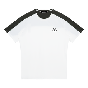 White with Dark Gray Color Block Raglan Shirt laid flat, front view with dark shoulder yoke