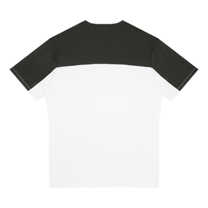 White with Dark Gray color block t-shirt laid flat from the back, wide dark yoke across the shoulders