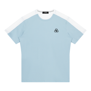 Light Blue with White color block t-shirt laid flat, front view with white sleeves and triangle logo