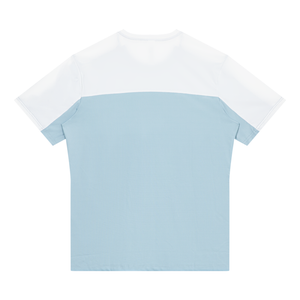 Light Blue with White color block t-shirt laid flat from the back, white upper back and sleeves