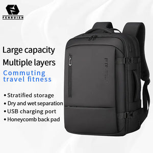 Black nylon commuter backpack with a padded back panel and a top grab handle