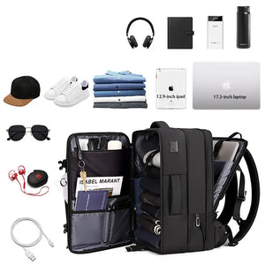 Black nylon commuter backpack with a padded back panel and a top grab handle