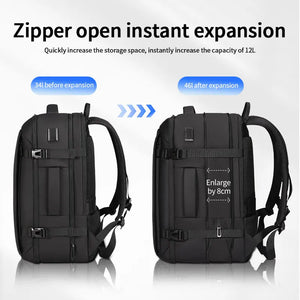 Black nylon commuter backpack with a padded back panel and a top grab handle