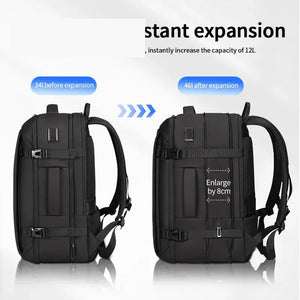 Black nylon commuter backpack with a padded back panel and a top grab handle
