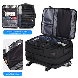Black nylon commuter backpack with a padded back panel and a top grab handle