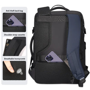 Black nylon commuter backpack with a padded back panel and a top grab handle