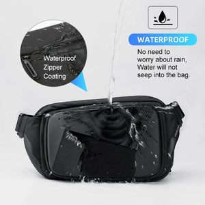 Small black chest bag with angular panels and a single zip