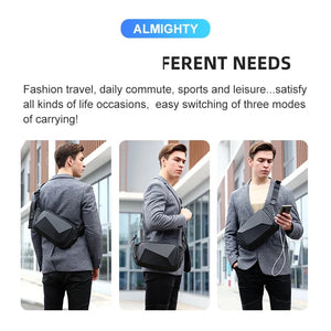 Small black chest bag with angular panels and a single zip