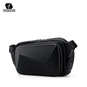 Small black chest bag with angular panels and a single zip