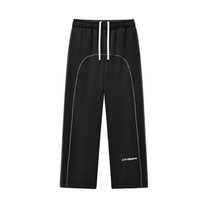 Contrast Stitch Black Baggy Sweatpants laid flat, front view with white drawstring and curved grey seams