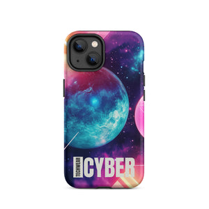 Cosmic iPhone Cases for iPhone 14, back view of the teal planet in a pink and purple galaxy print