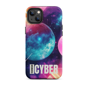 Cosmic iPhone Cases for iPhone 14 Plus, back view of the teal planet in a pink and purple galaxy print