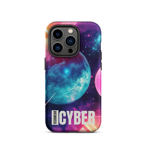 Cosmic iPhone Cases for iPhone 14 Pro, back view of the teal planet in a pink and purple galaxy print