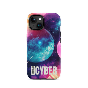 Cosmic iPhone Cases for iPhone 15, back view of the teal planet in a pink and purple galaxy print