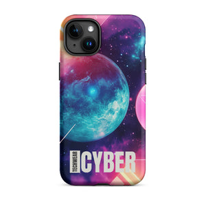 Cosmic iPhone Cases for iPhone 15 Plus, back view of the teal planet in a pink and purple galaxy print