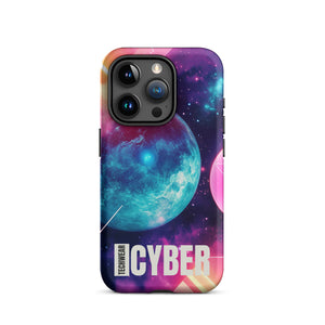 Cosmic iPhone Cases for iPhone 15 Pro, back view of the teal planet in a pink and purple galaxy print