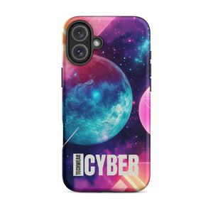 Cosmic iPhone Cases for iPhone 16 Plus, back view of the teal planet in a pink and purple galaxy print