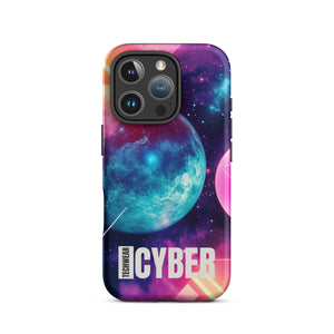 Cosmic iPhone Cases for iPhone 16 Pro, back view of the teal planet in a pink and purple galaxy print