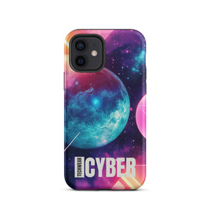 Cosmic iPhone Cases for iPhone 12, back view of the teal planet in a pink and purple galaxy print