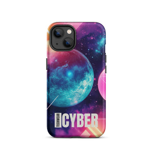 Cosmic iPhone Cases for iPhone 13, back view of the teal planet in a pink and purple galaxy print