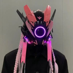 Cosplay Cyberpunk Helmet – pink horns, purple LED ring, pink and white braids, front view