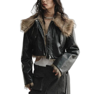 Cropped Black PU Leather Jacket For Women - product view on white background