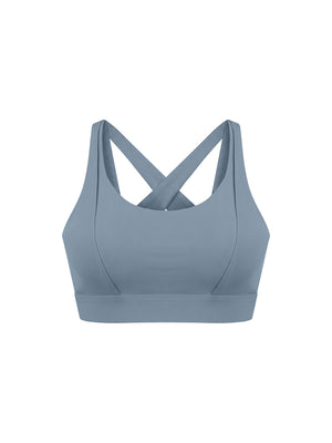 Gray blue yoga bra shown small from the front, the elastic band running straight under the bust