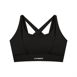 Black colourway laid flat from the front, scoop neck, curved front seams and the CYBER band