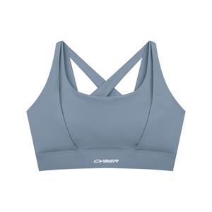 Gray blue colourway laid flat from the front, wide straps and a smooth scoop neckline