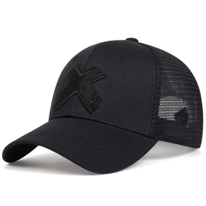Black trucker cap with a red cross patch and mesh back