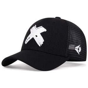 Black trucker cap with a red cross patch and mesh back
