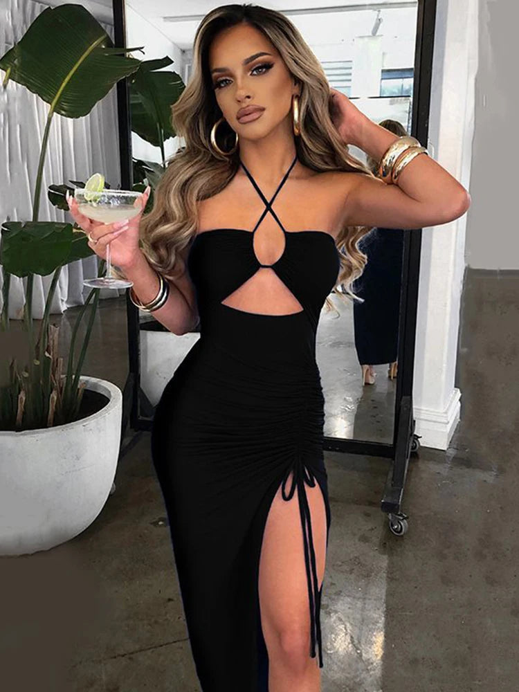 dress cleavage cut Kliou Shiny Spaghetti Strap Maxi Dress Women Solid Sexy Backless Ruched Cleavage Body-shaping Robe Lady Hipster Street Clothing
