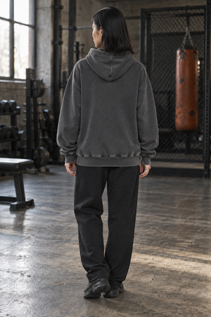 Black Y2K Skull Hoodie, washed black, plain back, matching campaign photograph