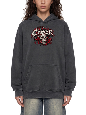 Czarna bluza z kapturem Y2K Skull, wyprana czarna, oryginalny nadruk Cyber z czaszką, różami i wężem na przodzie
