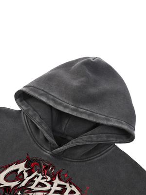 Czarna bluza z kapturem Y2K Skull, wyprana czarna, oryginalny nadruk Cyber z czaszką, różami i wężem podążający za perspektywą ubrania