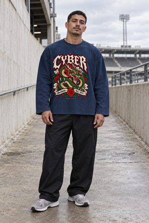 Y2K Dragon Long Sleeve Tee — Navy Blue — front campaign view with original dragon artwork