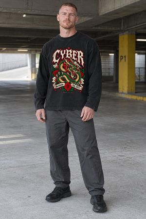 Y2K Dragon Long Sleeve Tee — Black — front campaign view with original dragon artwork
