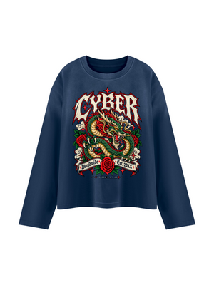 Y2K Dragon Long Sleeve Tee — Navy Blue — flat front view with original dragon artwork