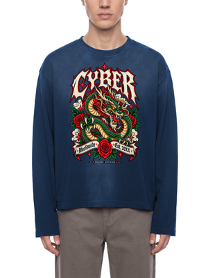 Y2K Dragon Long Sleeve Tee — Navy Blue — worn front view with original dragon artwork