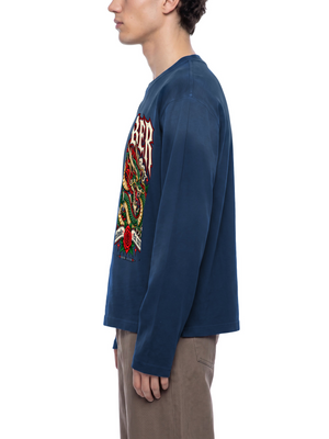 Y2K Dragon Long Sleeve Tee — Navy Blue — profile view with naturally concealed front print