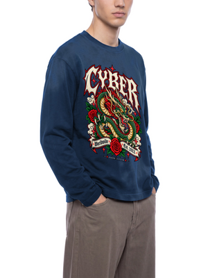 Y2K Dragon Long Sleeve Tee — Navy Blue — three-quarter view, print follows chest perspective