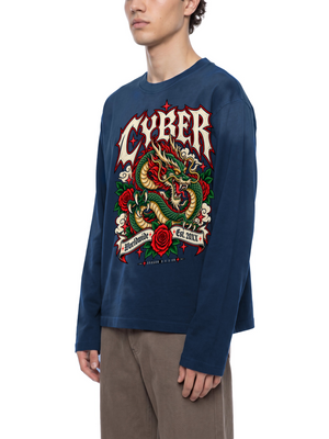 Y2K Dragon Long Sleeve Tee — Navy Blue — angled front view with aligned original print
