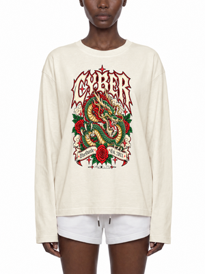 Y2K Dragon Long Sleeve Tee — Apricot — worn front, recolored from unavailable pink