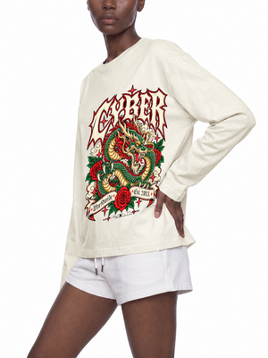 Y2K Dragon Long Sleeve Tee — Apricot — hand on hip, original dragon artwork